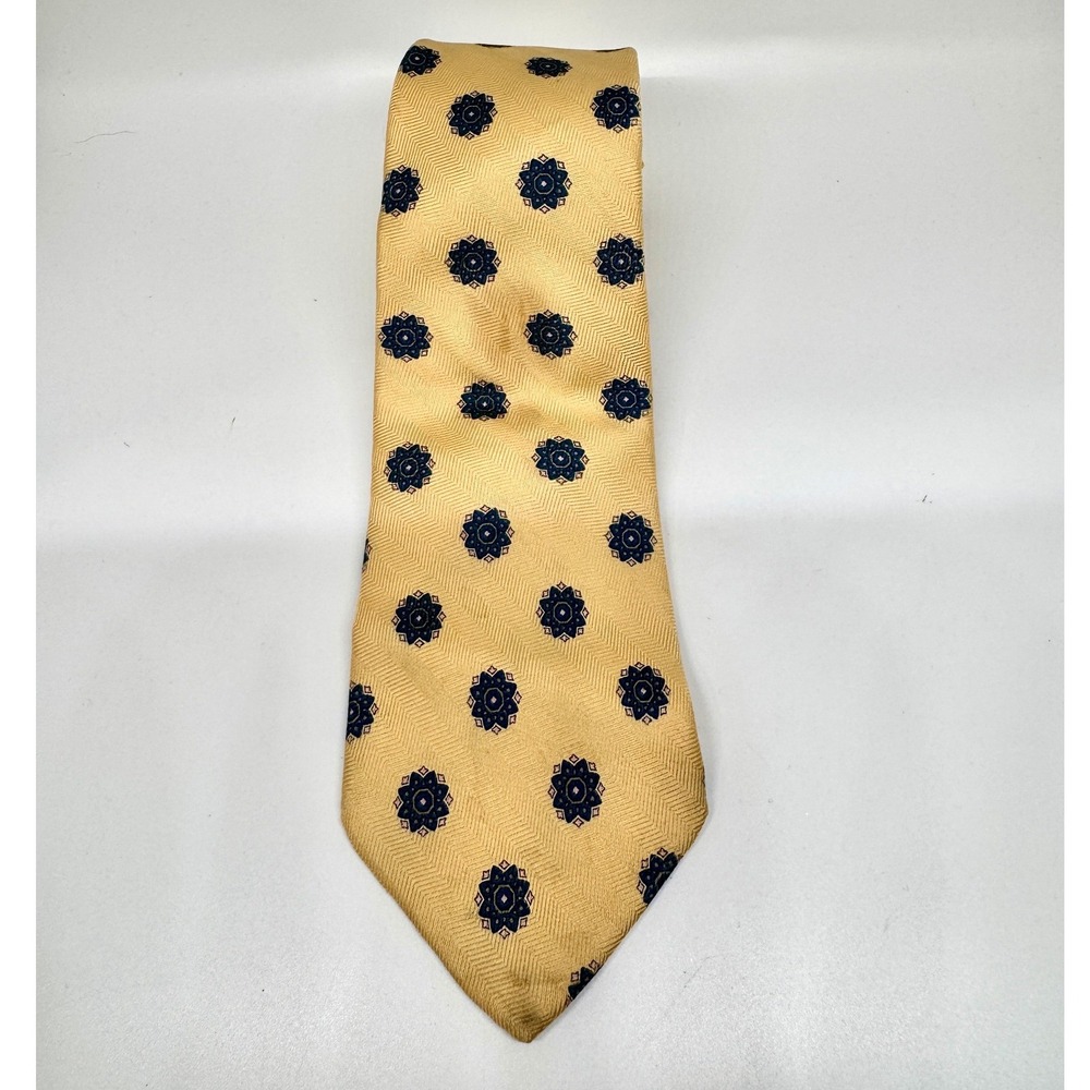 Aspen Leaf Gold Silk Tie Navy Floral Medallion Herringbone Hand Sewn USA 3.5"